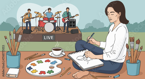 A focused artist sketches in a notebook while a live band performs on a stage in the background, depicting creativity and inspiration