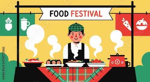 A food festival illustration showcases a vendor with various dishes and steaming food, set against a colorful background, evoking a fun and vibrant atmosphere