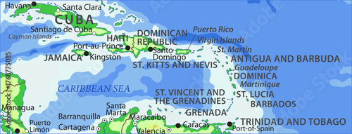 Vector geographical world map. Fragment of american continent with 
cuba, haiti, caribbean sea, dominican republic,
puerto rico, jamaica, grenada, havana, barbados, santo domingo, trinidad and tobago.