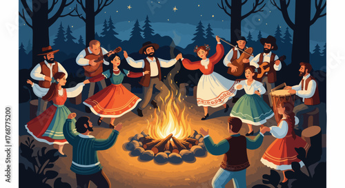 A lively folk dance and music celebration around a roaring bonfire at night. People in traditional costumes gather, embodying cultural heritage