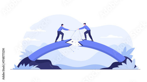 Two business people shaking hands across a broken bridge symbolizing connection and overcoming challenges together