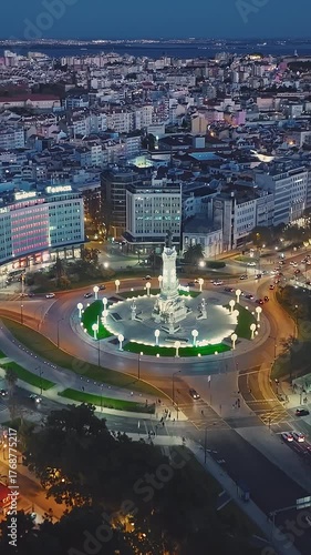  Aerial view of roundabout at night. Lisbon, Portugal