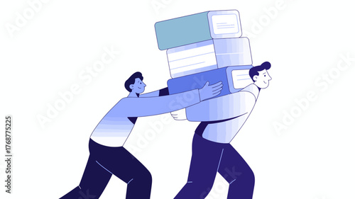 Two people struggling to carry a large stack of boxes together demonstrating teamwork and effort