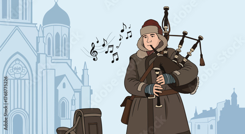 A lone musician plays bagpipes in a wintery, stylized cityscape. The scene evokes a sense of tradition and cultural performance