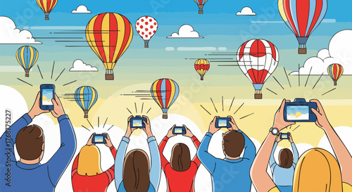 A lively illustration of people capturing vibrant hot air balloons in a bright sky with smartphones and cameras