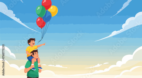 A loving father gives his son a piggyback ride, holding colorful balloons under a bright blue sky