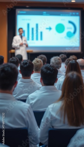 Wallpaper Mural Doctors in white coats attend medical conference or seminar. Speaker presents health care research data on screen. Medical professionals listen attentively in classroom setting. Torontodigital.ca
