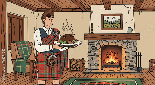 A man in traditional Scottish kilt attire proudly presents a steaming platter of festive food