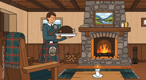 A man in a traditional Scottish kilt serves haggis by a cozy fireplace in a rustic, warm interior