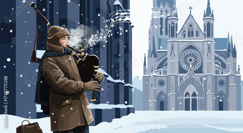 A musician plays bagpipes in a snowy winter city, with musical notes emanating. A majestic gothic cathedral stands in the background