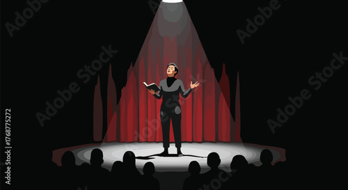 A performer stands center stage under a spotlight, reading from a book before an audience