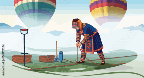 A person in traditional attire prepares a hot air balloon for flight, with two colorful balloons visible in the background against a scenic landscape