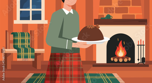 A person in a kilt serves Christmas pudding by a cozy fireplace
