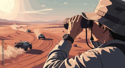 A person with binoculars watches rally cars racing through a desert landscape