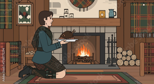 A person in traditional Scottish attire serves a roast dinner by a cozy fireplace, surrounded by tartan decor and warm ambiance