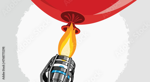A red balloon is being heated by a torch with a bright flame, creating a sense of anticipation and potential flight