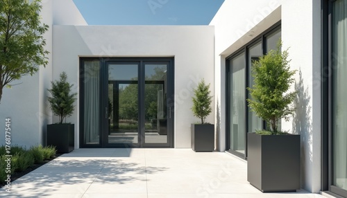 Wallpaper Mural Modern white house exterior with dark door frames and minimal landscaping. Clean lines and geometric shapes create a sleek architectural design for outdoor living spaces. Torontodigital.ca