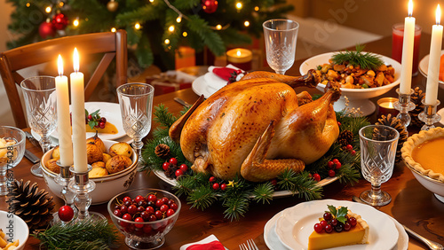 A golden roast turkey sits on a festive table decorated with pine garland, cranberries, crystal glasses, and white candles against a backdrop of a Christmas tree and bokeh lights. A traditional holida