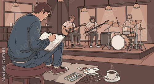 A young artist sketches a band playing live music in a dimly lit venue, capturing inspiration through multiple creative outlets