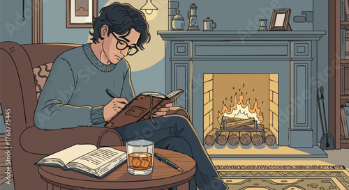 A young man with glasses writes thoughtfully in a journal next to a cozy, burning fireplace in a quiet home setting