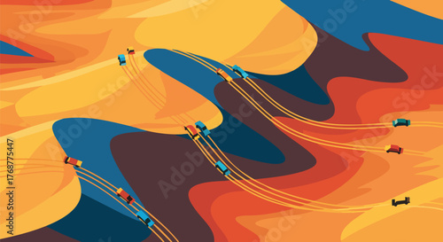 Abstract desert race with colorful vehicles speeding across stylized dunes in a vibrant, dynamic scene