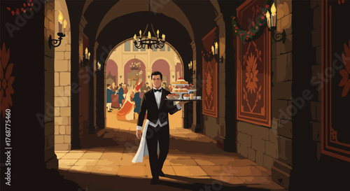 An elegant butler in a tuxedo walks down a dark, arched hallway carrying a dessert tray toward a lavish aristocratic party in a castle ballroom