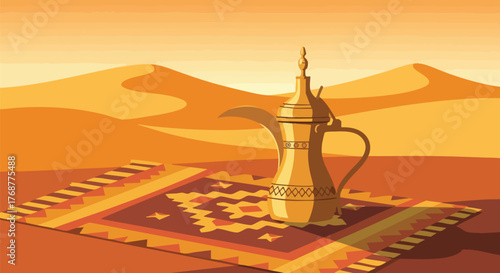 Arabic coffee pot on a rug in a desert scene. The illustration evokes travel and cultural experiences