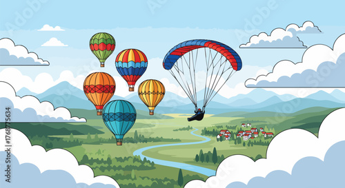 Colorful hot air balloons and a paraglider soar above a picturesque green landscape