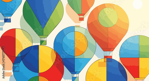Colorful hot air balloons in an abstract illustration style. The image depicts a playful and vibrant scene with a geometric design