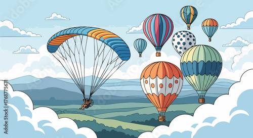 Colorful illustration of hot air balloons and a paraglider flying over a landscape. The artwork features a cheerful and whimsical design