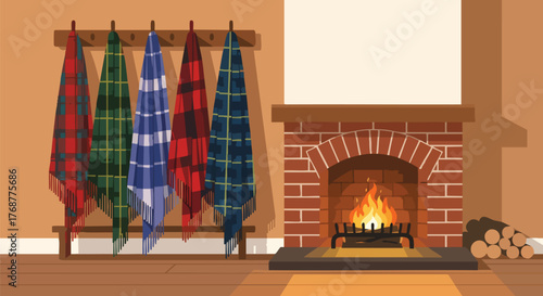 Cozy room scene featuring a crackling fireplace and a collection of plaid blankets hanging on a rack, evoking warmth and comfort