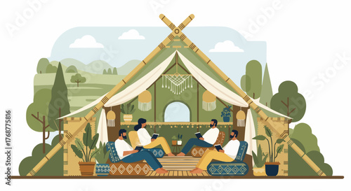 Four people relax and read books inside a stylish bamboo tent, surrounded by lush greenery and rolling hills
