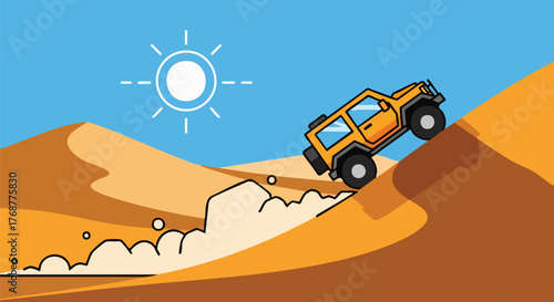 Fun cartoon illustration of an orange 4x4 off-road vehicle climbing a steep desert sand dune under a bright sun