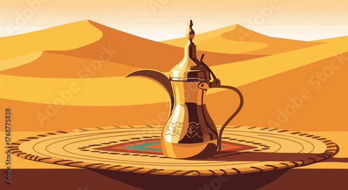 Golden Arabic dallah coffee pot on a decorative mat in a vibrant desert landscape. This scene evokes hospitality, tradition, and exotic travel