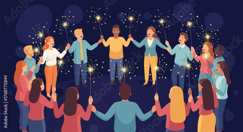 Group of friends celebrating with sparklers. People are holding hands. Nighttime celebration with friends in a circle