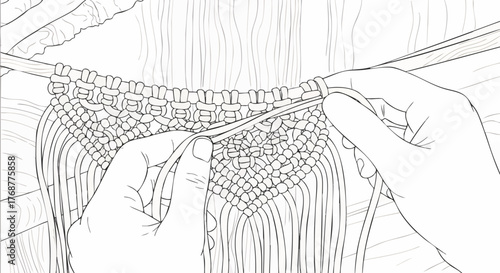 Hands creating intricate macrame patterns with cord, demonstrating a craft hobby