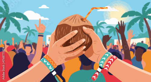 Hands hold a refreshing coconut drink at a lively outdoor festival with a crowd cheering under palm trees and sunshine