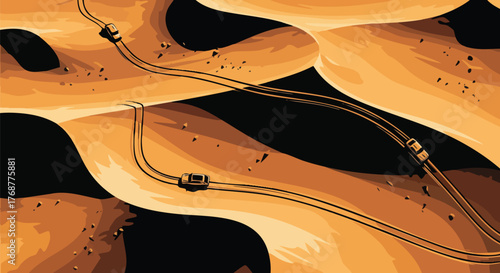 High angle view illustration of three SUVs driving on winding tracks across massive orange sand dunes in a stylized desert environment