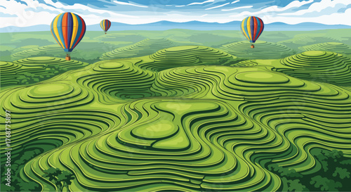 Hot air balloons soar over lush green terraced rice fields, offering a panoramic view of the vibrant landscape and a sense of adventure and travel