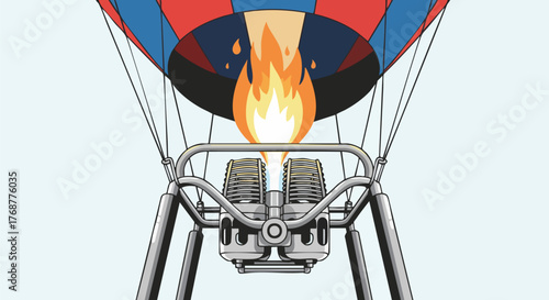 Illustration of a hot air balloon, showing the burner and the colorful balloon. The flame is burning brightly
