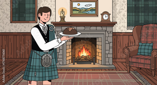 Illustration of a man in traditional Scottish attire serving a plate of food. He is in front of a cozy fireplace