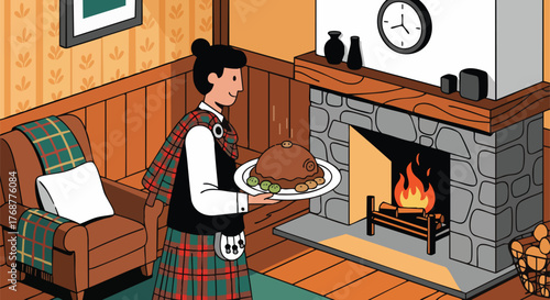 Illustration of a person in traditional Scottish attire holding a plate of haggis