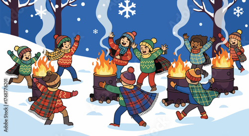 Illustration of children warming up by a campfire in a snowy forest. Kids are happily playing and enjoying the winter weather