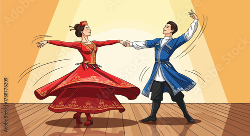 Illustration of couple dancing folk dance in traditional costumes