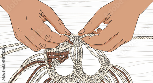 Illustration of hands knotting macrame cords. The style emphasizes craft and handmade projects