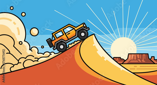 Off-road adventure illustration with a cartoon 4x4 driving through a desert landscape