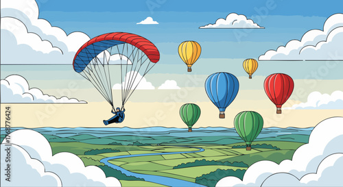 Paraglider and colorful hot air balloons float over green landscape. A river winds through fields under a blue sky with clouds