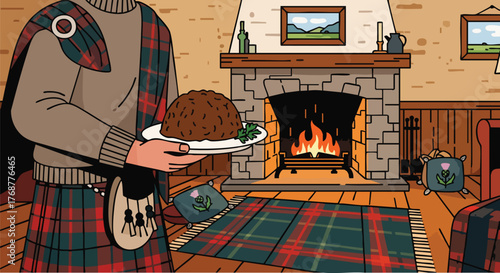 Scottish haggis celebration illustration. A man in kilt presents haggis on a plate in front of a fireplace