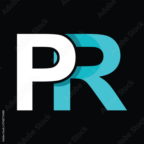 Modern abstract logo design featuring intertwined white and cyan letters pr on a black background