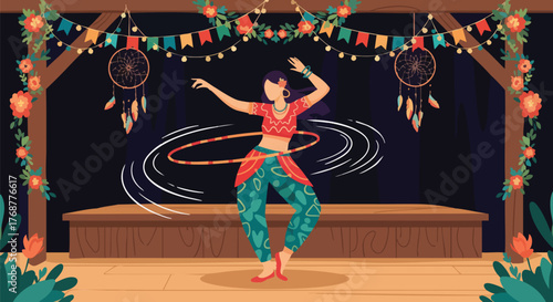 Vibrant illustration of a woman dancing with a hula hoop on a festive stage